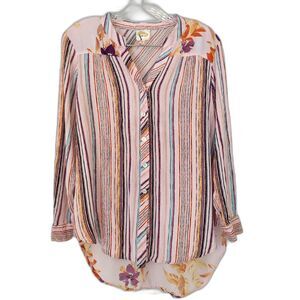 Fig and Flower Shirt Medium Pink Top Contrast Stripes Floral Top
